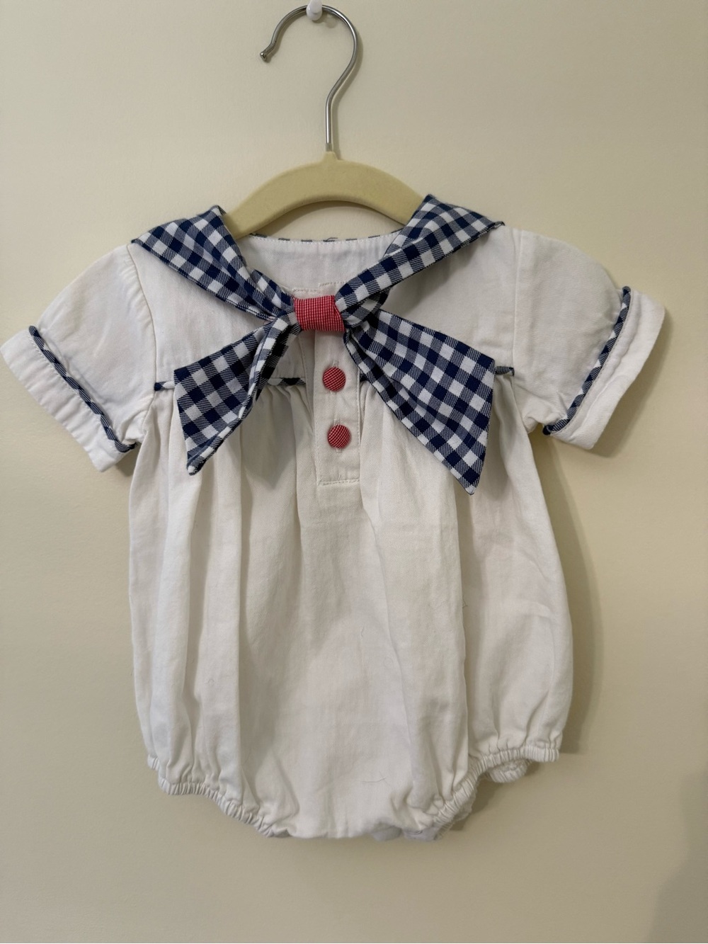 Classic White Baby Sailor Romper with Navy Gingham Collar